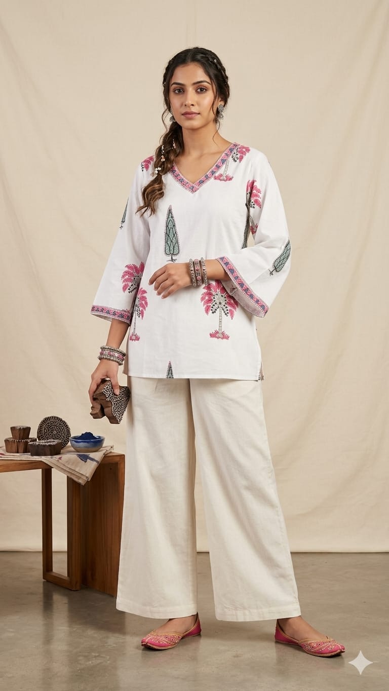 Naisha K 1000 Cambric Cotton Block Printed Short Top — Wholesale Kurtis, Vardan Ethnic wholesale from Surat — view 4