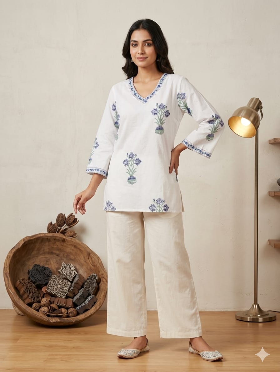 Naisha K 1000 Cambric Cotton Block Printed Short Top — Wholesale Kurtis, Vardan Ethnic wholesale from Surat — view 2