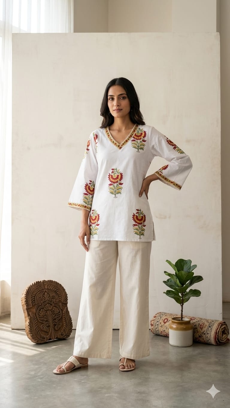 Naisha K 1000 Cambric Cotton Block Printed Short Top