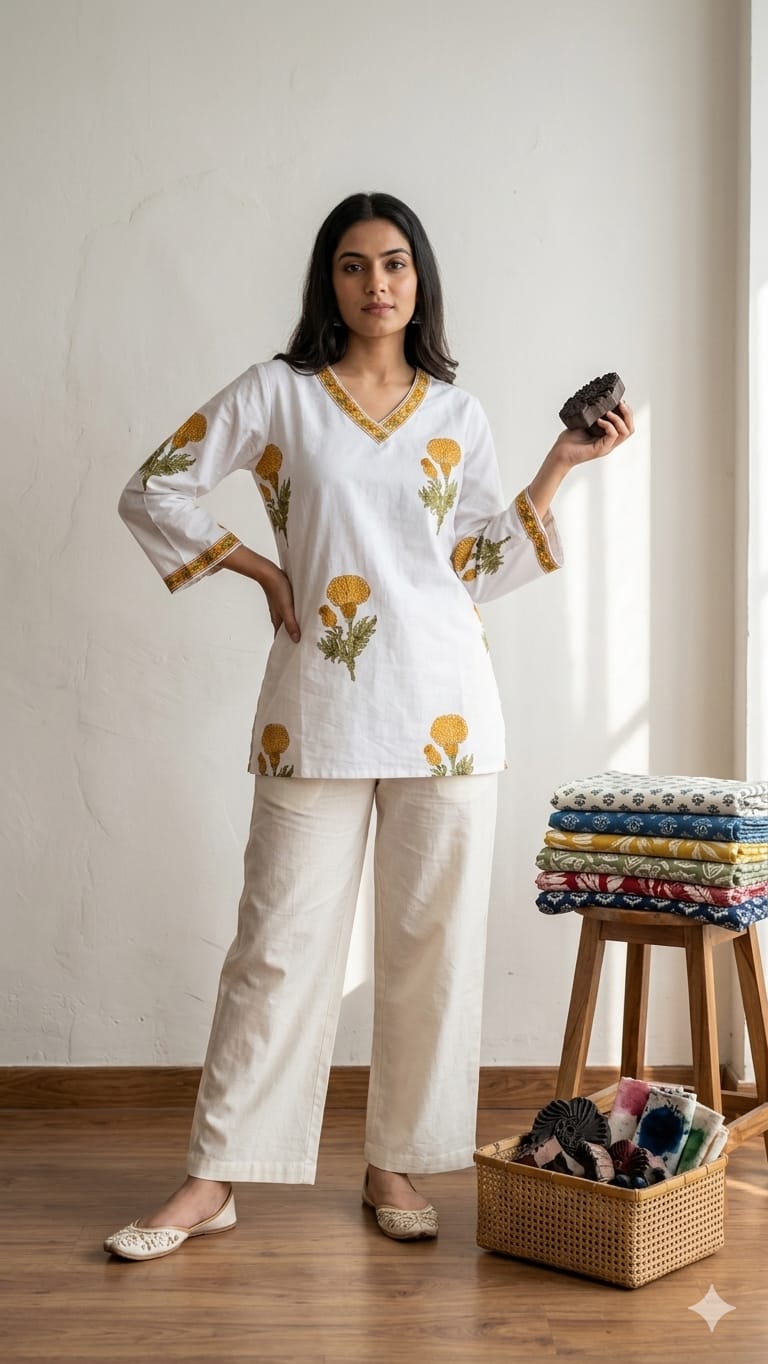 Naisha K 1000 Cambric Cotton Block Printed Short Top — Wholesale Kurtis, Vardan Ethnic wholesale from Surat — view 15