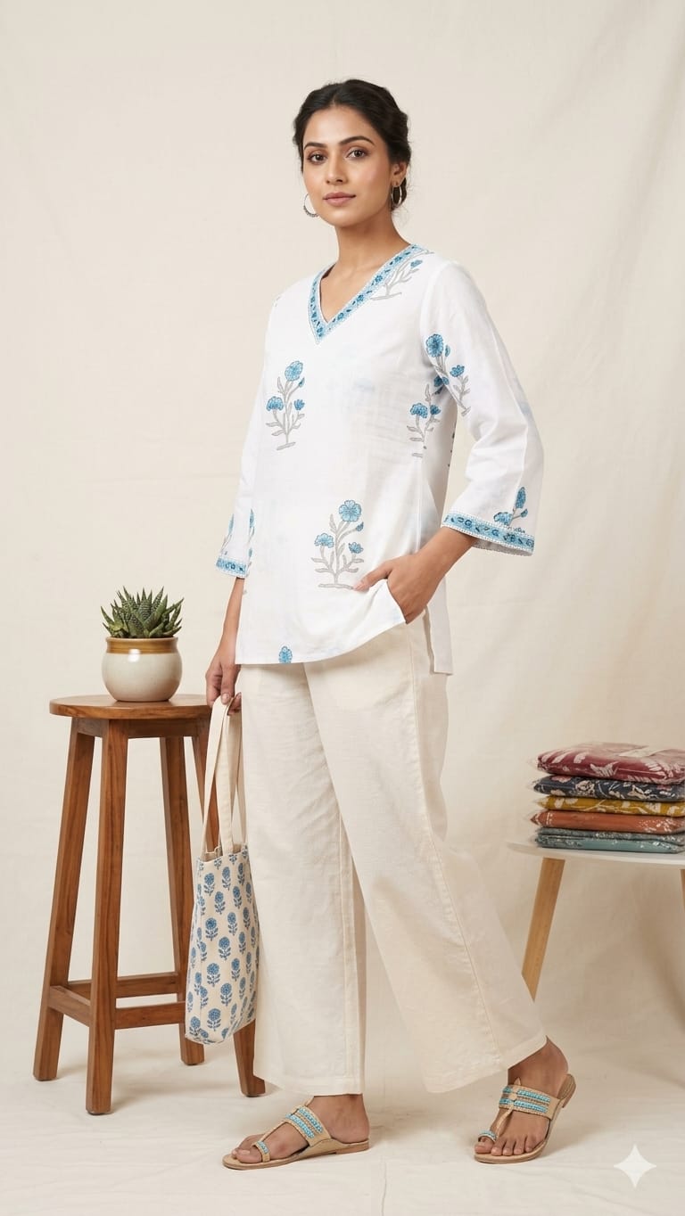 Naisha K 1000 Cambric Cotton Block Printed Short Top — Wholesale Kurtis, Vardan Ethnic wholesale from Surat — view 13