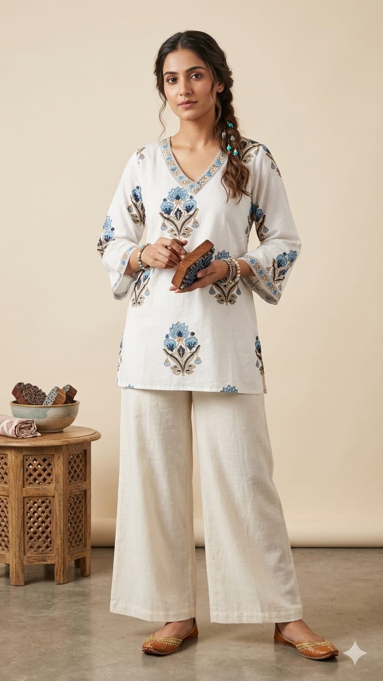 Naisha K 1000 Cambric Cotton Block Printed Short Top — Wholesale Kurtis, Vardan Ethnic wholesale from Surat — view 8