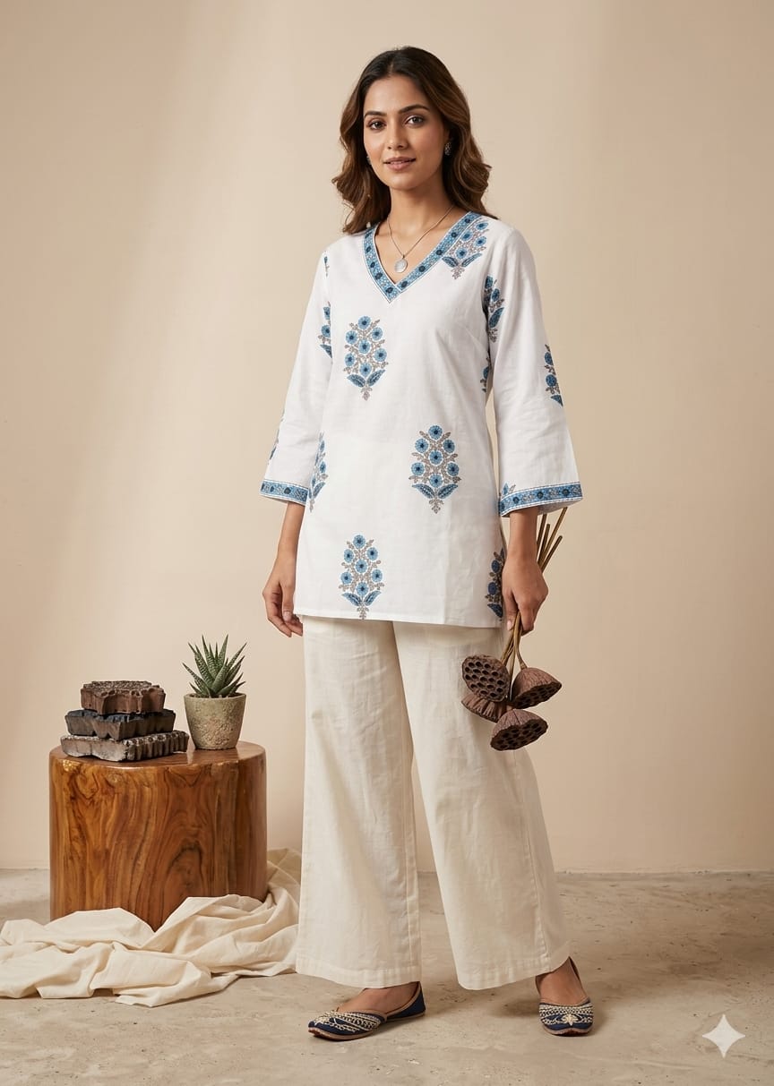 Naisha K 1000 Cambric Cotton Block Printed Short Top — Wholesale Kurtis, Vardan Ethnic wholesale from Surat — view 7