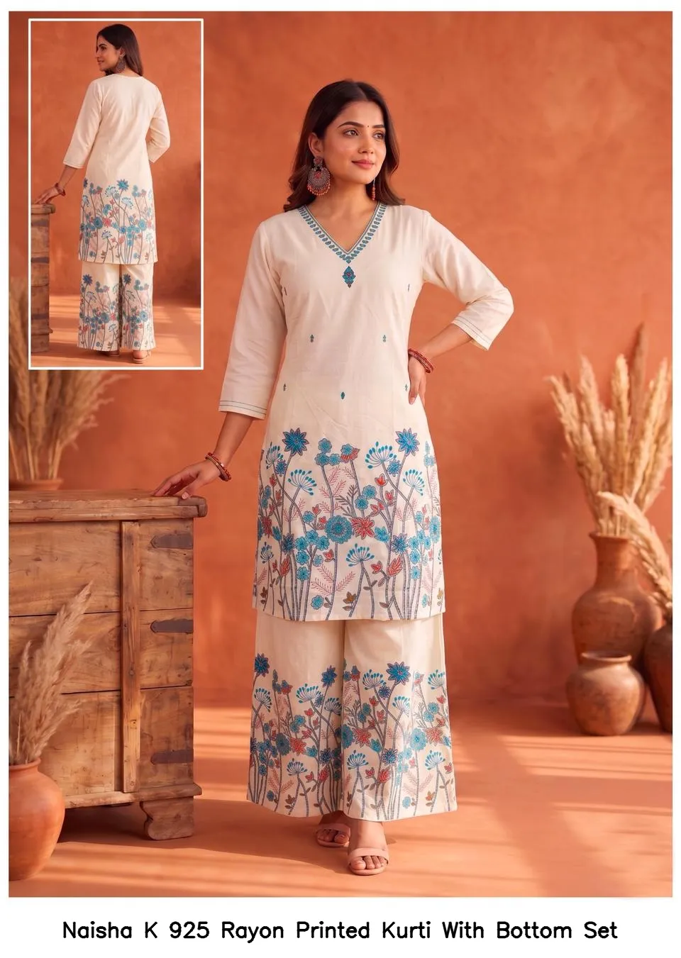 Naisha K 925 Rayon Printed Kurti With Bottom Set — Wholesale Cotton Kurti Pant Set, Naisha wholesale from Surat — view 10