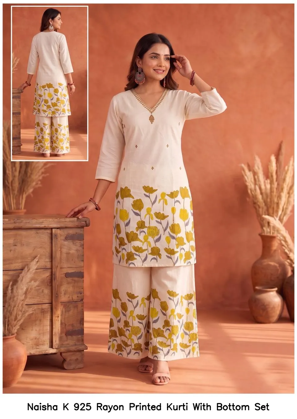 Naisha K 925 Rayon Printed Kurti With Bottom Set — Wholesale Cotton Kurti Pant Set, Naisha wholesale from Surat — view 11