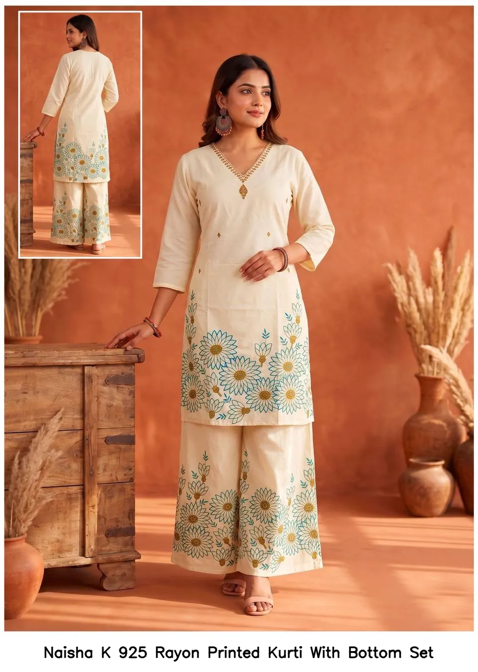 Naisha K 925 Rayon Printed Kurti With Bottom Set — Wholesale Cotton Kurti Pant Set, Naisha wholesale from Surat — view 2
