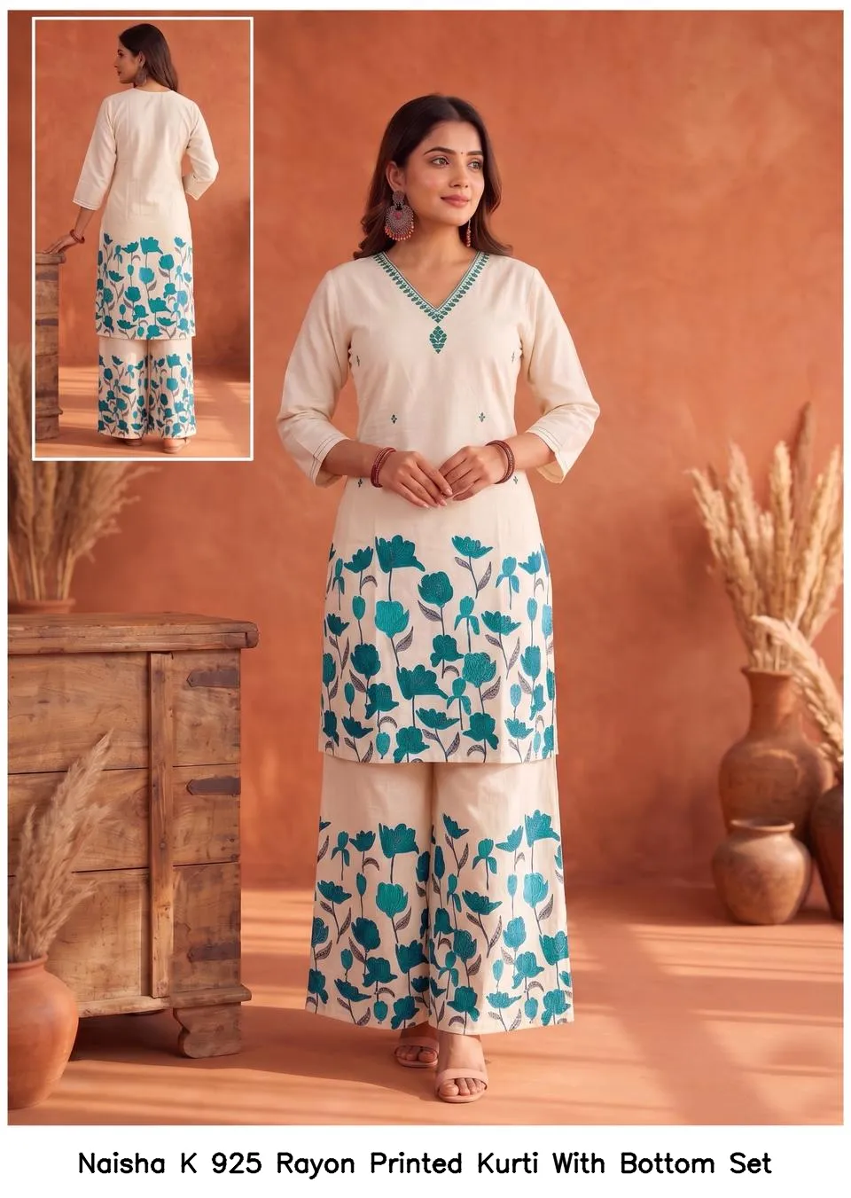 Naisha K 925 Rayon Printed Kurti With Bottom Set — Wholesale Cotton Kurti Pant Set, Naisha wholesale from Surat — view 3