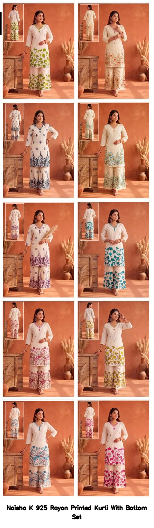 Naisha K 925 Rayon Printed Kurti With Bottom Set — Wholesale Cotton Kurti Pant Set, Naisha wholesale from Surat — view 4