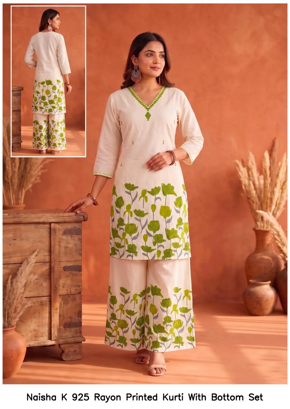Naisha K 925 Rayon Printed Kurti With Bottom Set — Wholesale Cotton Kurti Pant Set, Naisha wholesale from Surat — view 5