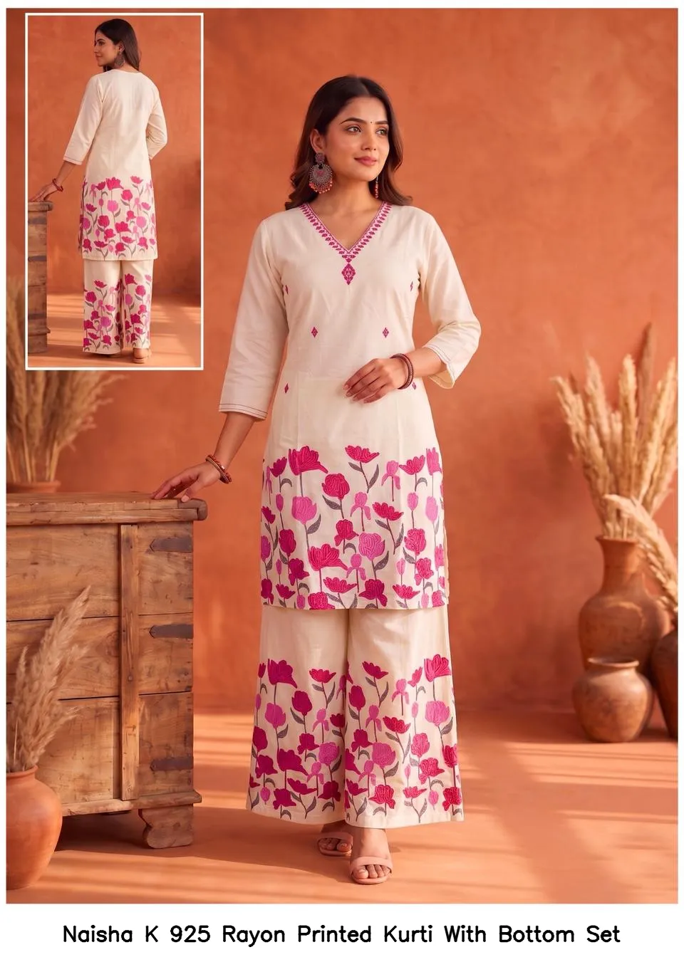 Naisha K 925 Rayon Printed Kurti With Bottom Set — Wholesale Cotton Kurti Pant Set, Naisha wholesale from Surat — view 6