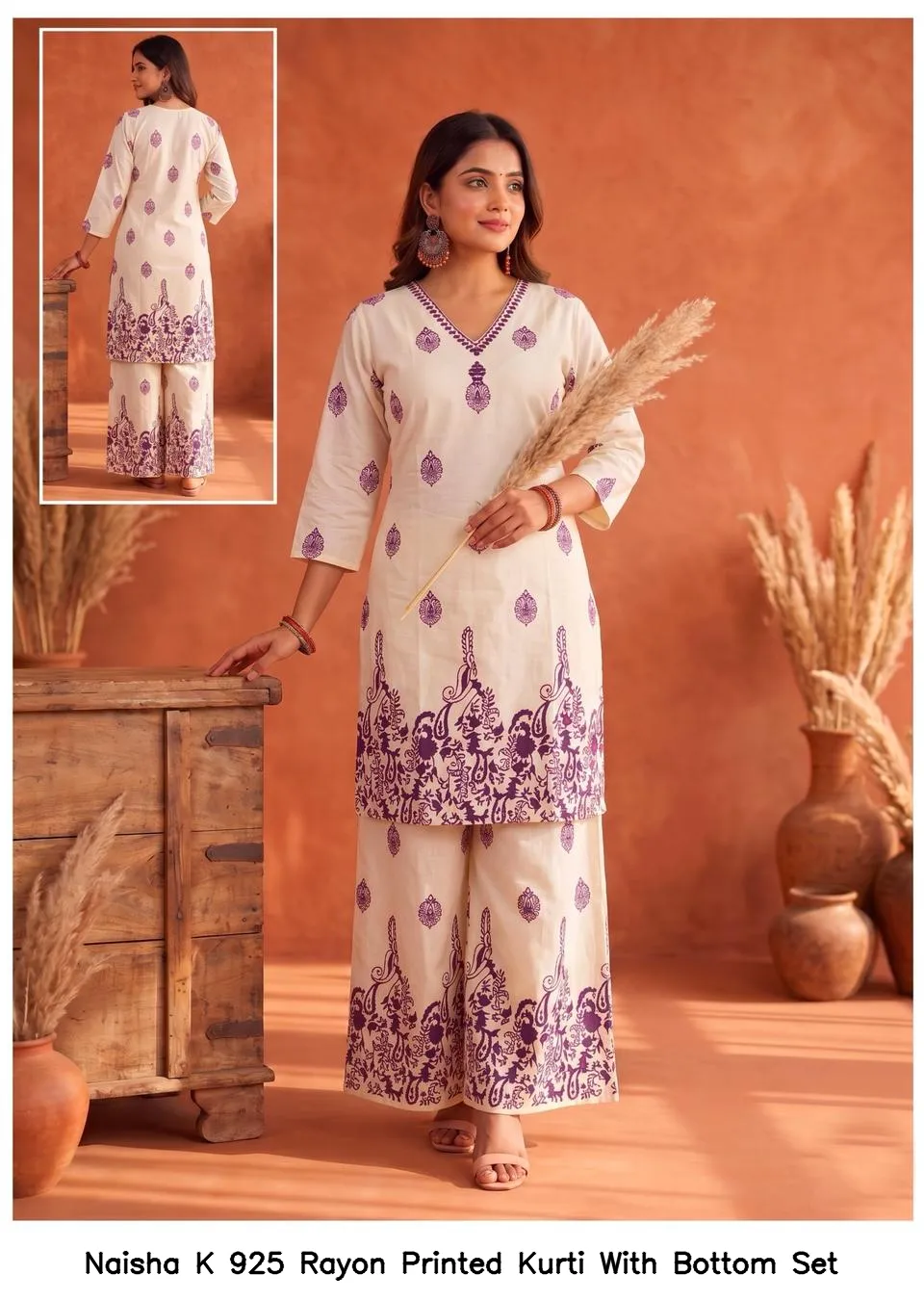 Naisha K 925 Rayon Printed Kurti With Bottom Set — Wholesale Cotton Kurti Pant Set, Naisha wholesale from Surat — view 7