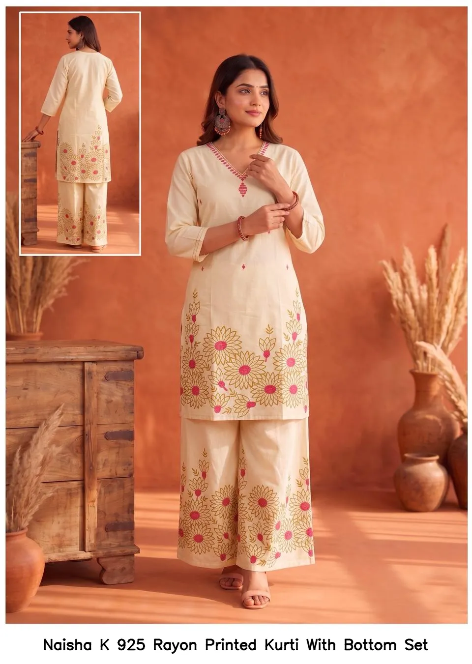 Naisha K 925 Rayon Printed Kurti With Bottom Set — Wholesale Cotton Kurti Pant Set, Naisha wholesale from Surat — view 8