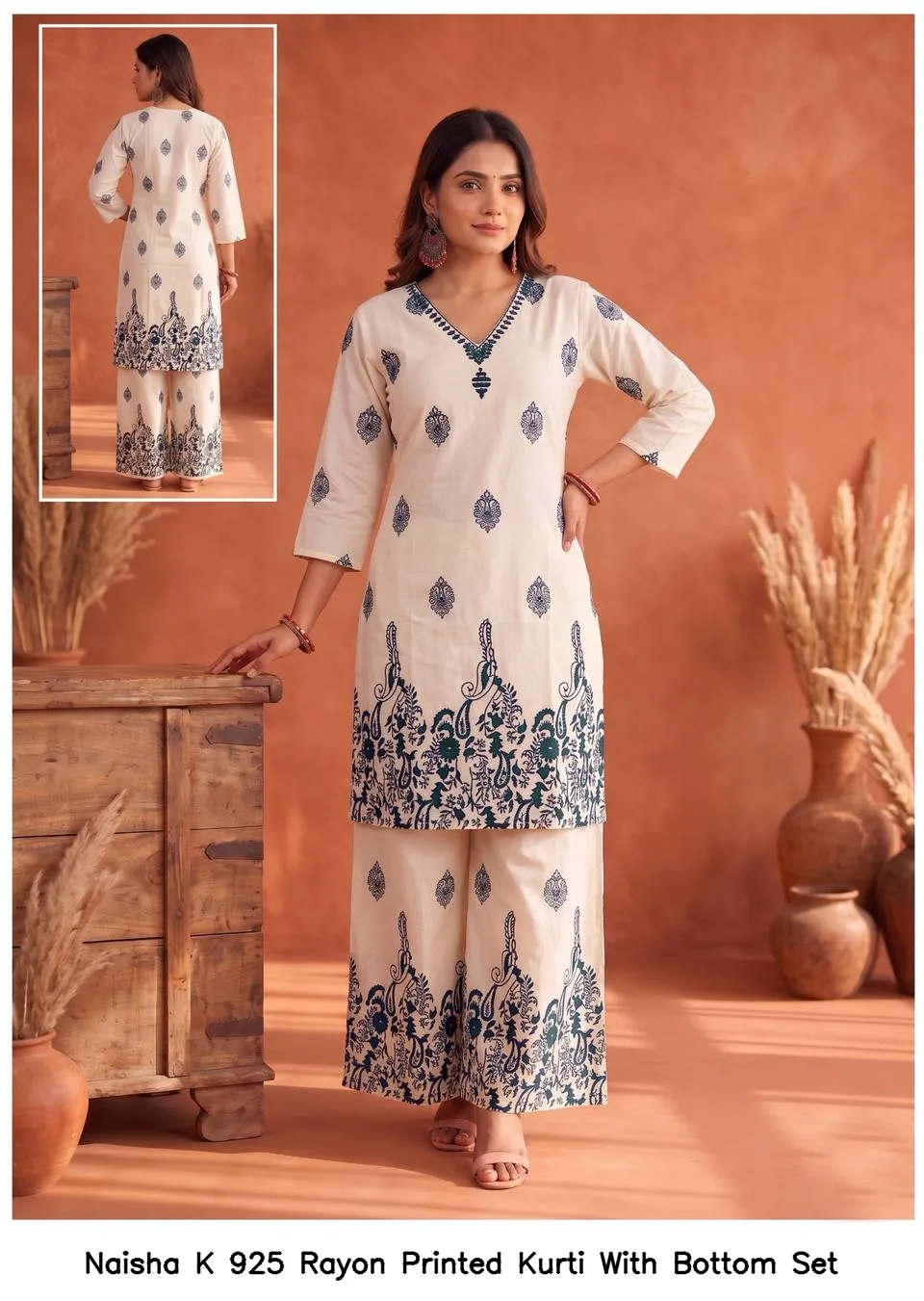 Naisha K 925 Rayon Printed Kurti With Bottom Set — Wholesale Cotton Kurti Pant Set, Naisha wholesale from Surat — view 9
