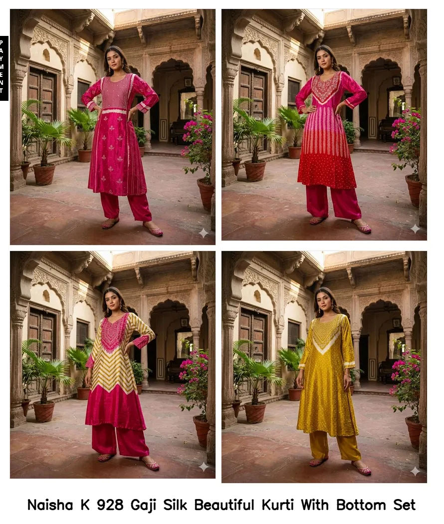 Naisha K 928 Gaji Silk Beautiful Kurti With Bottom Set — Wholesale Cotton Kurti Pant Set, Naisha wholesale from Surat — view 2