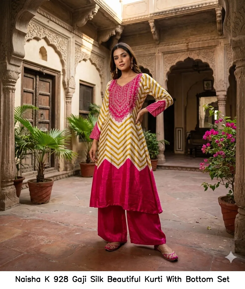 Naisha K 928 Gaji Silk Beautiful Kurti With Bottom Set — Wholesale Cotton Kurti Pant Set, Naisha wholesale from Surat — view 5