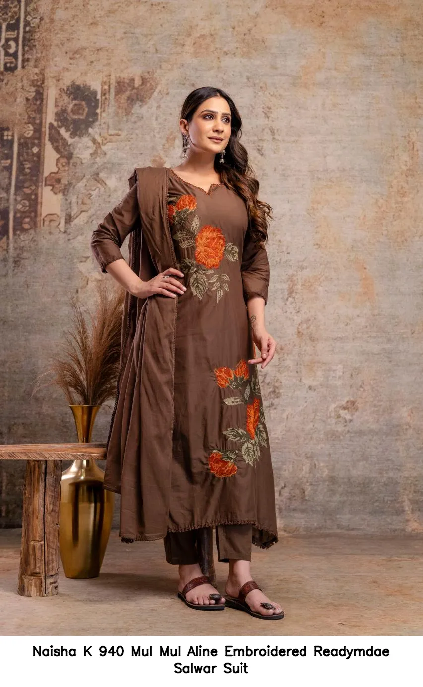Naisha K 940 Mul Mul Aline Embroidered Readymdae Salwar Suit — Wholesale Kurti With Bottom Dupatta, Naisha wholesale from Surat - Gallery Image 2