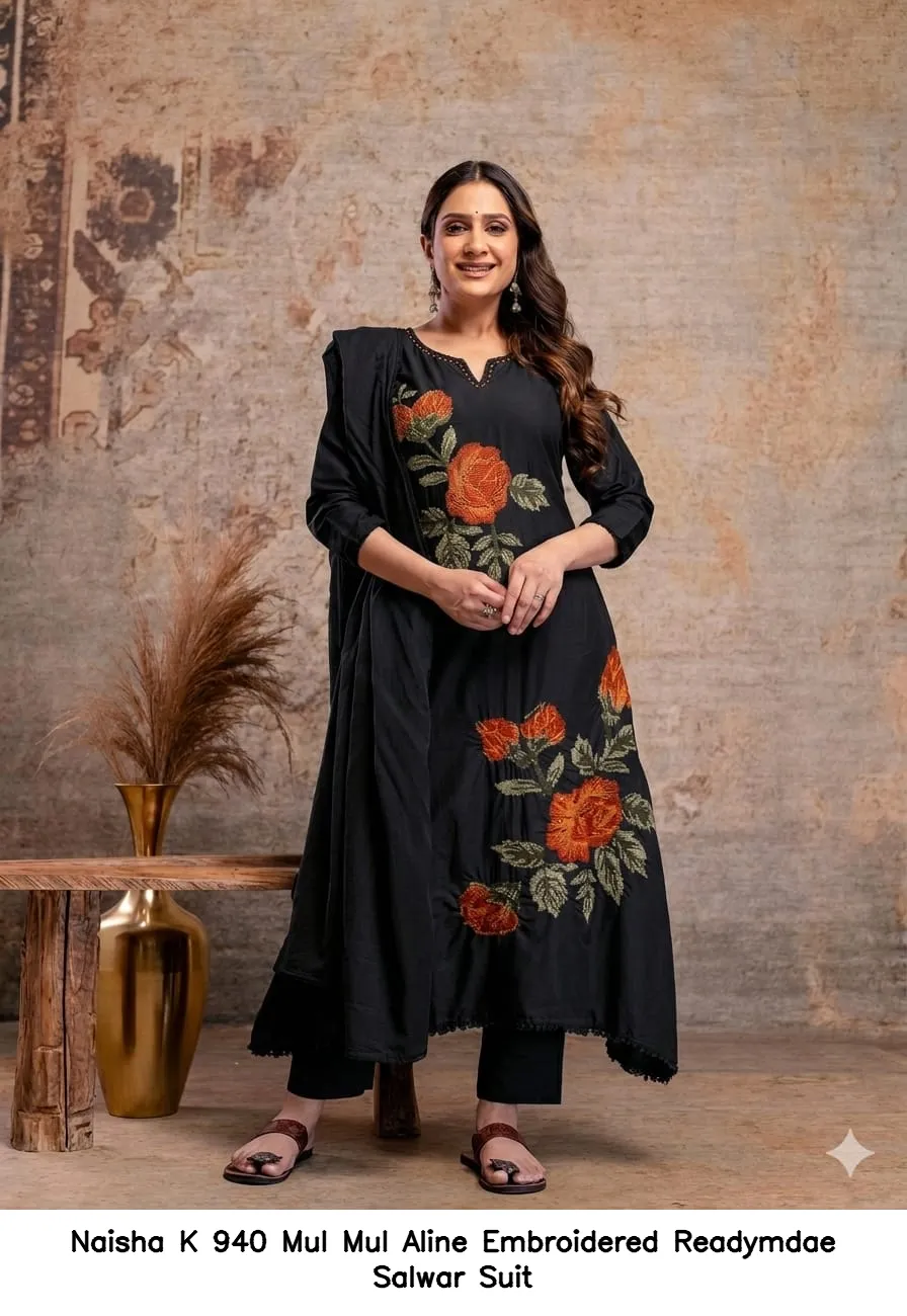 Naisha K 940 Mul Mul Aline Embroidered Readymdae Salwar Suit — Wholesale Kurti With Bottom Dupatta, Naisha wholesale from Surat - Gallery Image 3