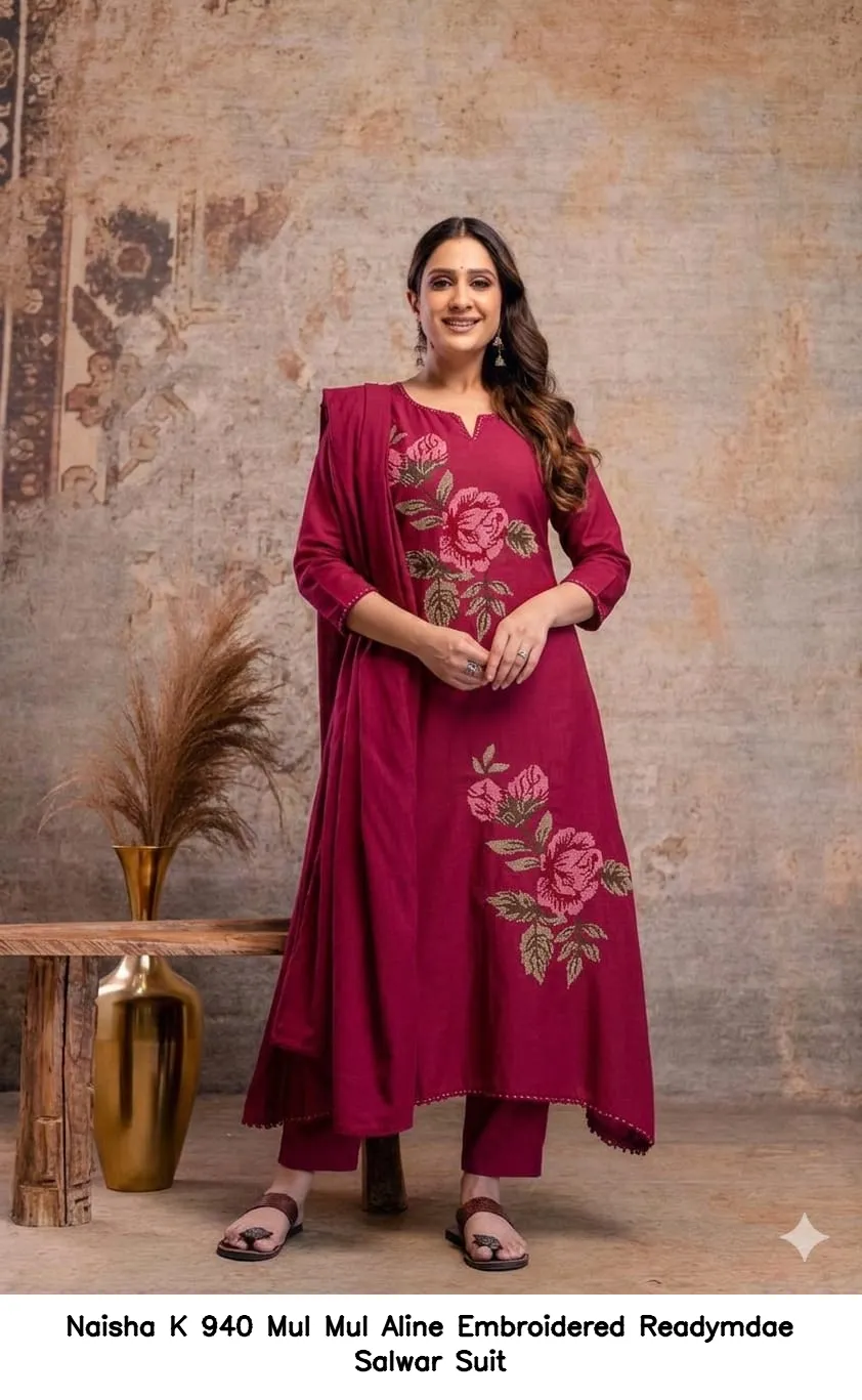 Naisha K 940 Mul Mul Aline Embroidered  Readymdae Salwar Suit — Wholesale Kurti With Bottom Dupatta, Naisha wholesale from Surat — view 4