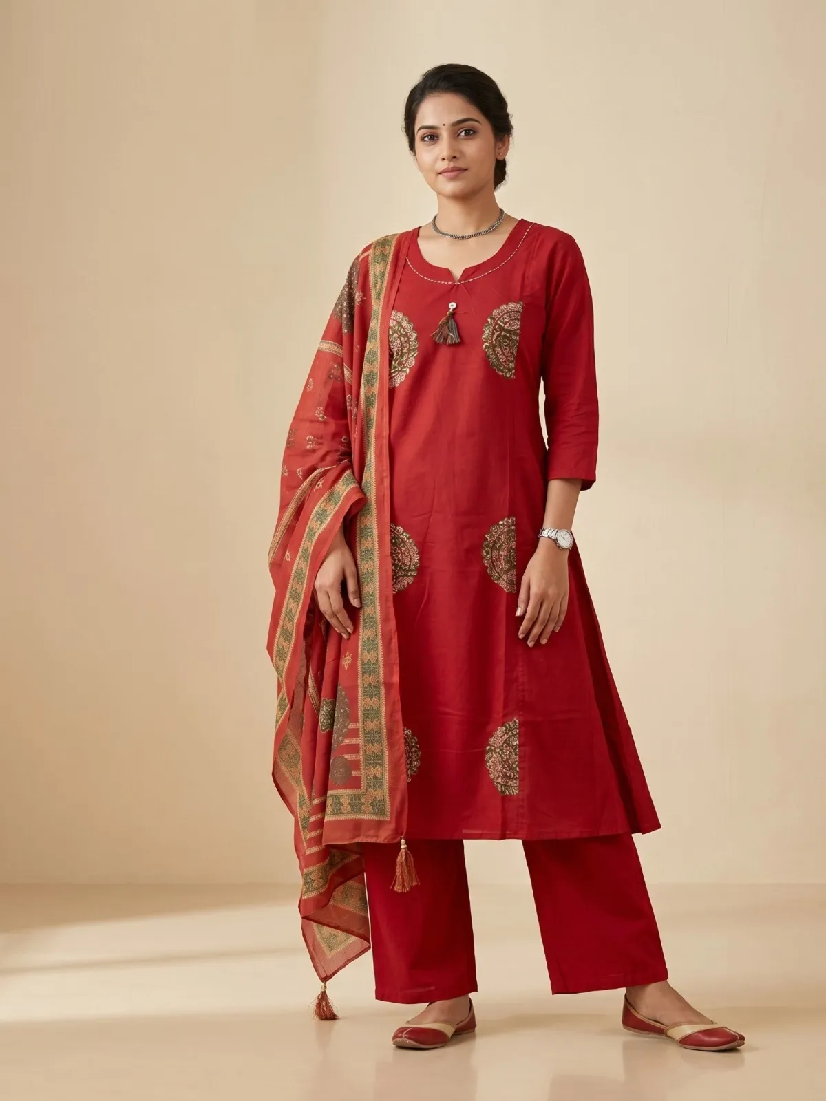 Naisha K 954 Dhabu Cotton Aline Kurti With Bottom Dupatta  Set
