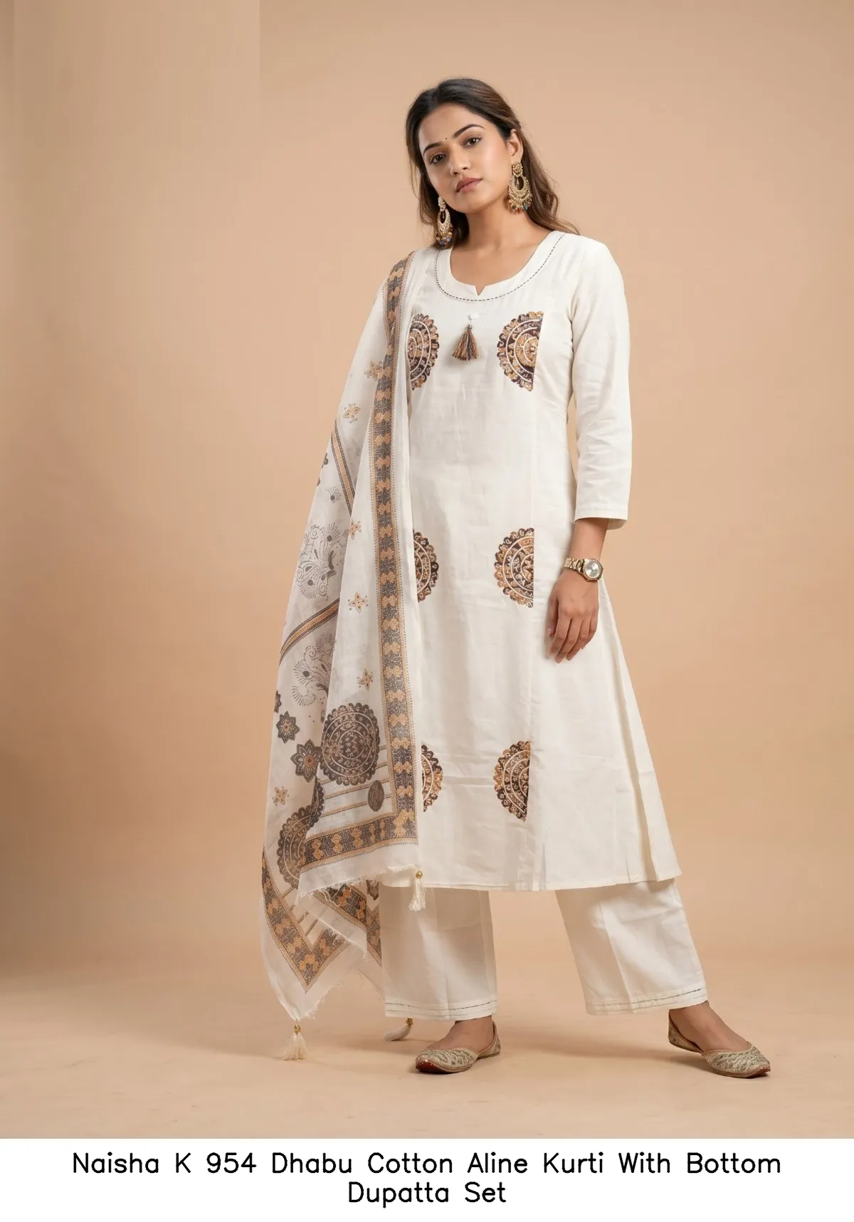 Naisha K 954 Dhabu Cotton Aline Kurti With Bottom Dupatta Set — Wholesale Kurti With Bottom Dupatta, Naisha wholesale from Surat - Gallery Image 2