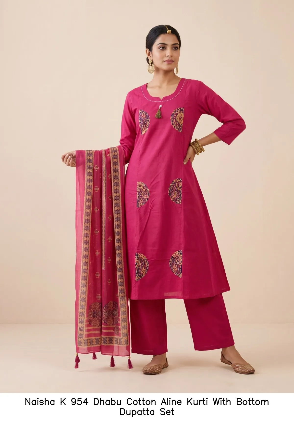 Naisha K 954 Dhabu Cotton Aline Kurti With Bottom Dupatta Set — Wholesale Kurti With Bottom Dupatta, Naisha wholesale from Surat - Gallery Image 3
