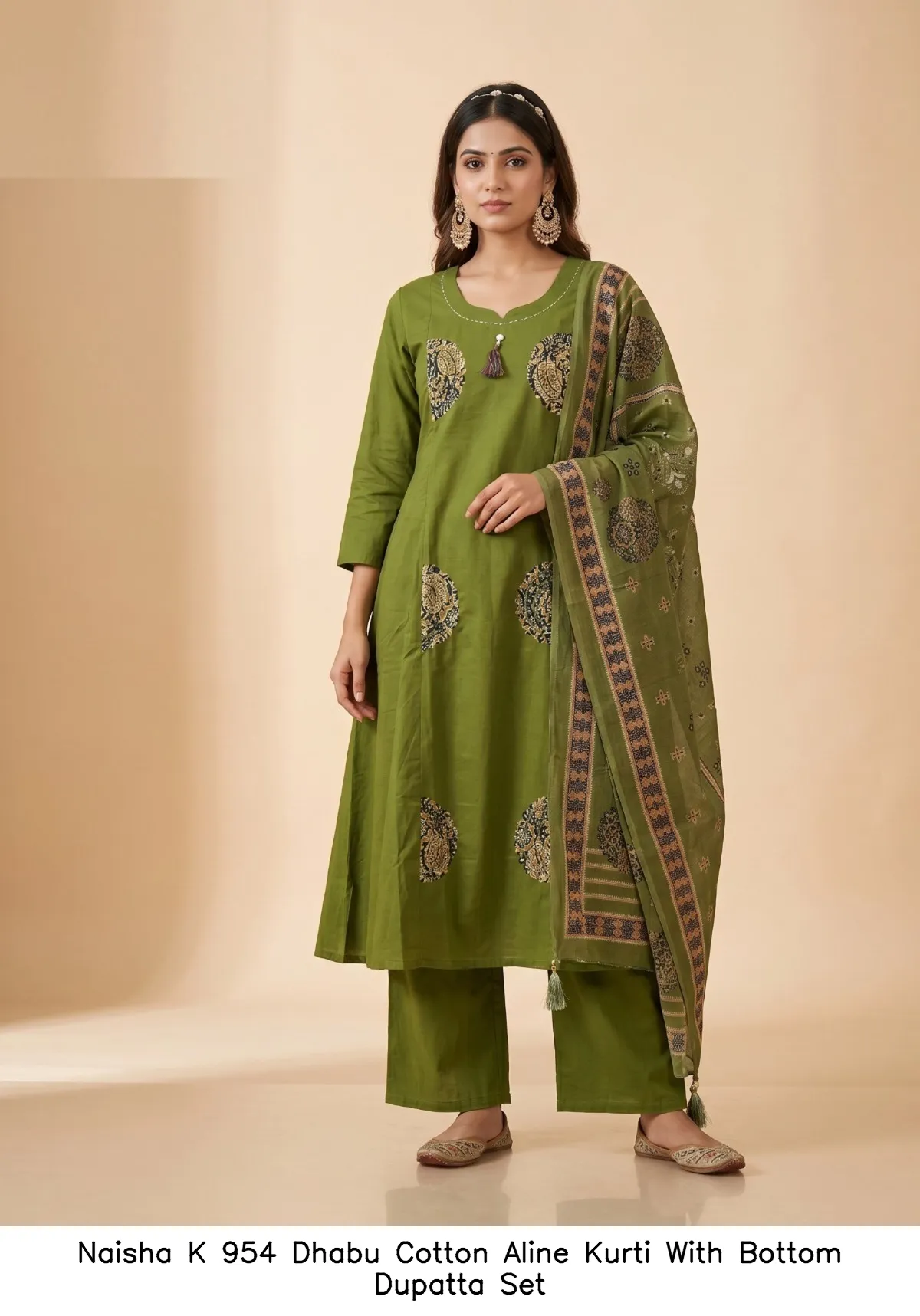 Naisha K 954 Dhabu Cotton Aline Kurti With Bottom Dupatta Set — Wholesale Kurti With Bottom Dupatta, Naisha wholesale from Surat - Gallery Image 4