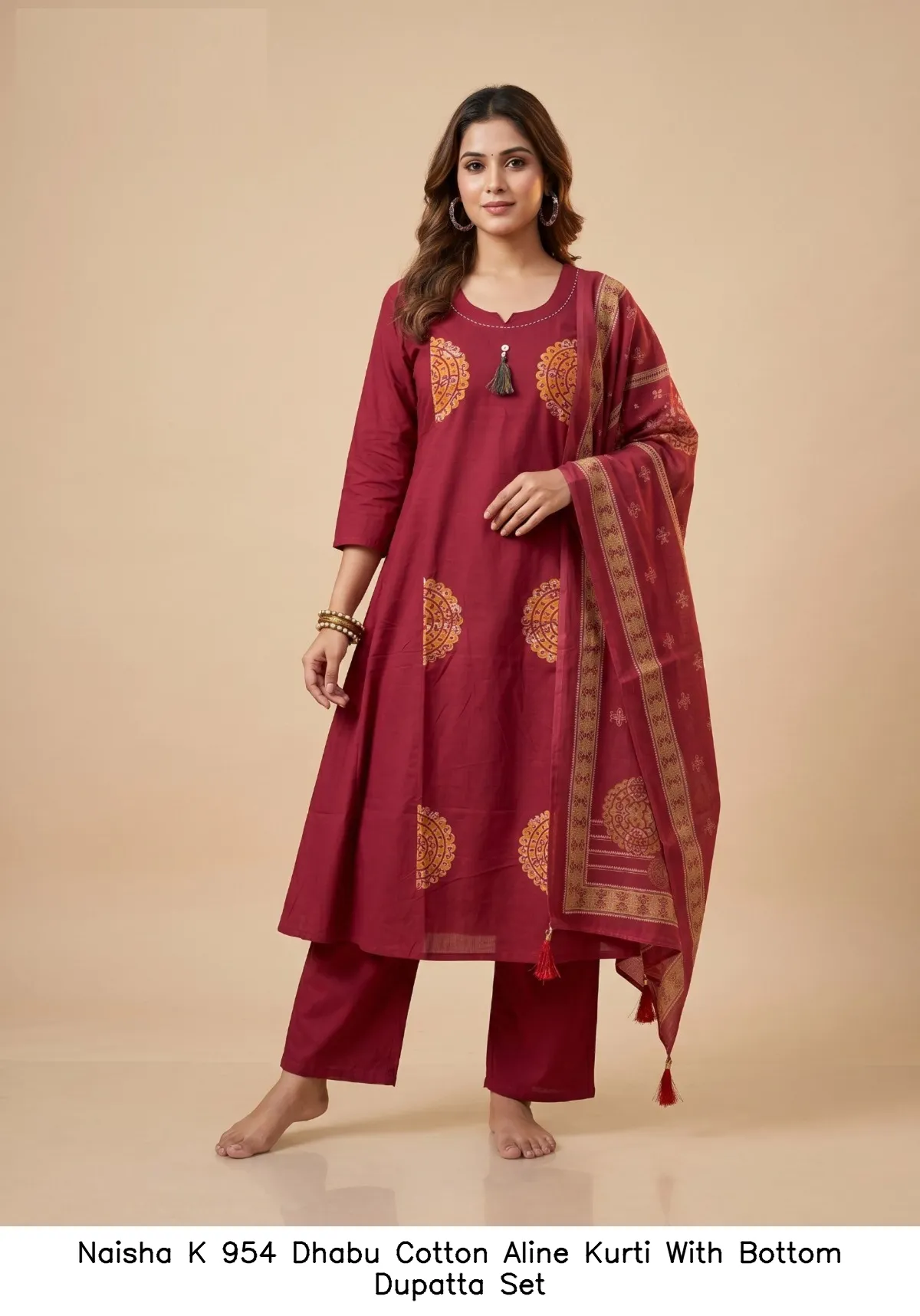 Naisha K 954 Dhabu Cotton Aline Kurti With Bottom Dupatta Set — Wholesale Kurti With Bottom Dupatta, Naisha wholesale from Surat - Gallery Image 5