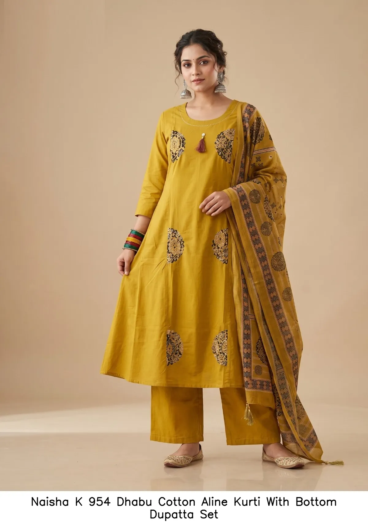 Naisha K 954 Dhabu Cotton Aline Kurti With Bottom Dupatta Set — Wholesale Kurti With Bottom Dupatta, Naisha wholesale from Surat - Gallery Image 6