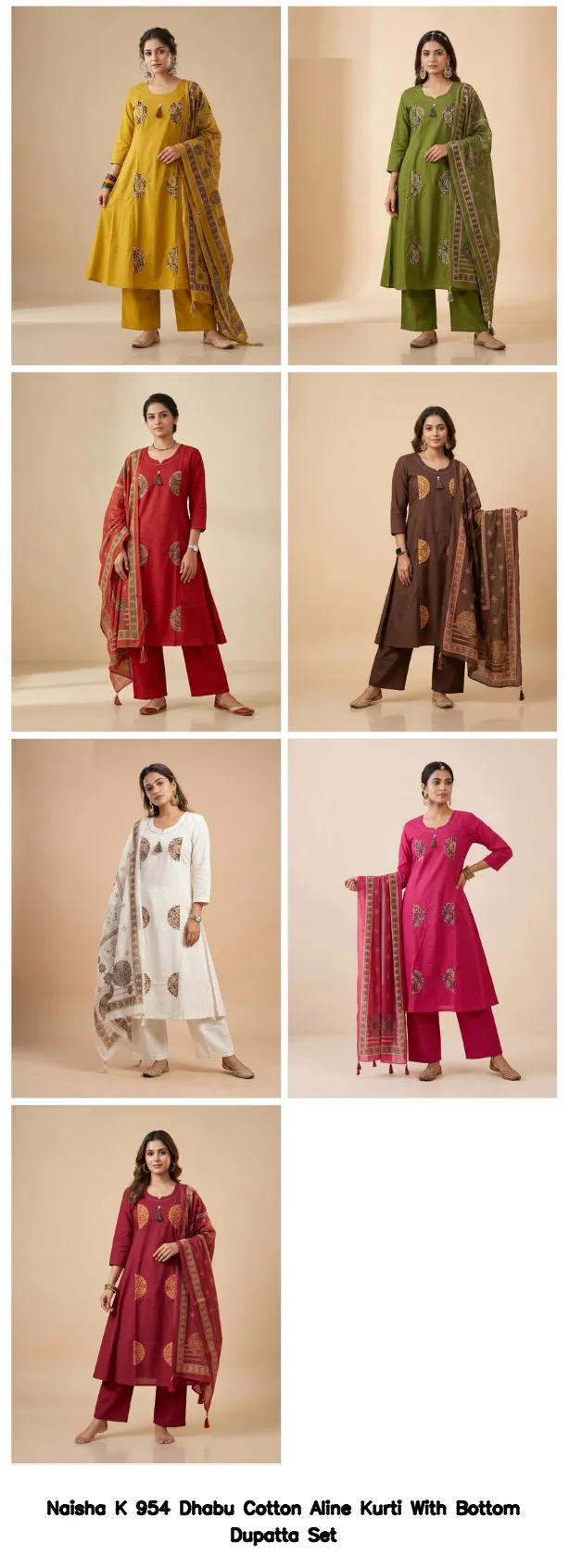 Naisha K 954 Dhabu Cotton Aline Kurti With Bottom Dupatta Set — Wholesale Kurti With Bottom Dupatta, Naisha wholesale from Surat - Gallery Image 7