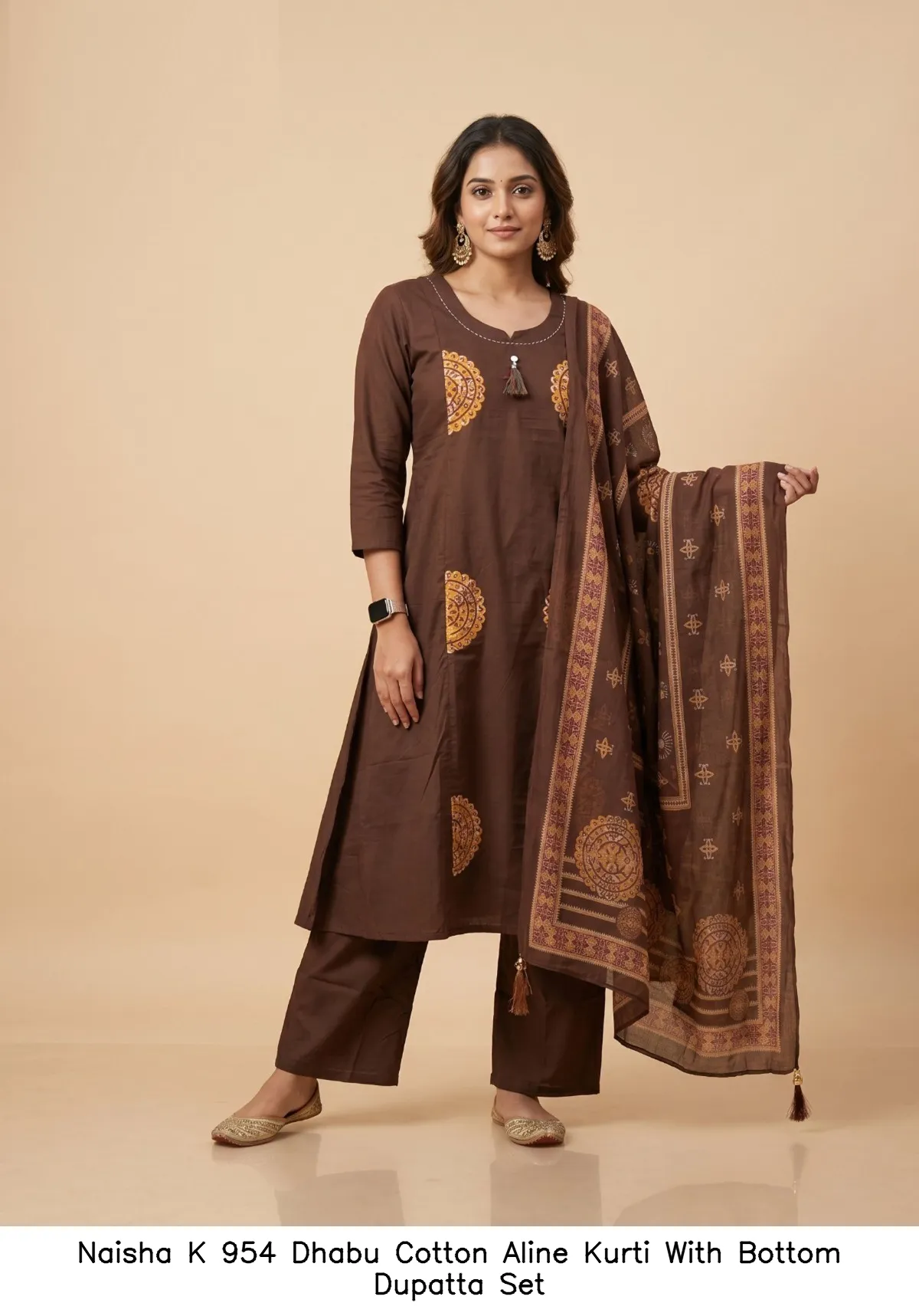 Naisha K 954 Dhabu Cotton Aline Kurti With Bottom Dupatta  Set — Wholesale Kurti With Bottom Dupatta, Naisha wholesale from Surat — view 8