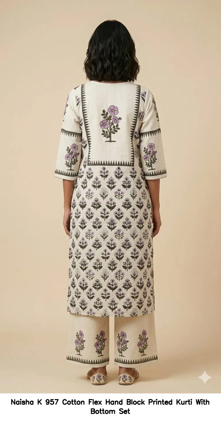 Naisha K 957 Cotton Flex Hand Block Printed Kurti With Bottom Set — Wholesale Cotton Kurti Pant Set, MPA wholesale from Surat — view 2