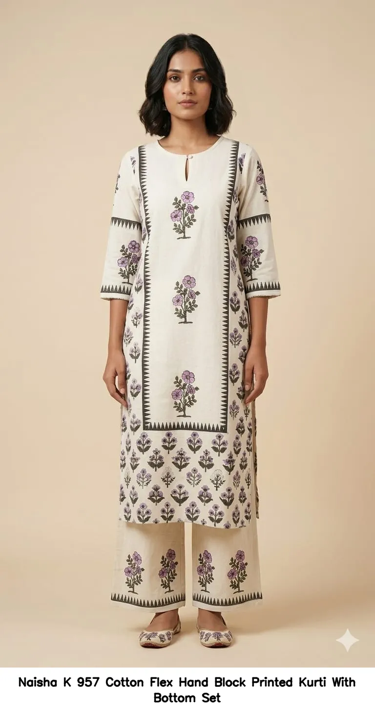 Naisha K 957 Cotton Flex Hand Block Printed Kurti With Bottom Set — Wholesale Cotton Kurti Pant Set, MPA wholesale from Surat — view 3