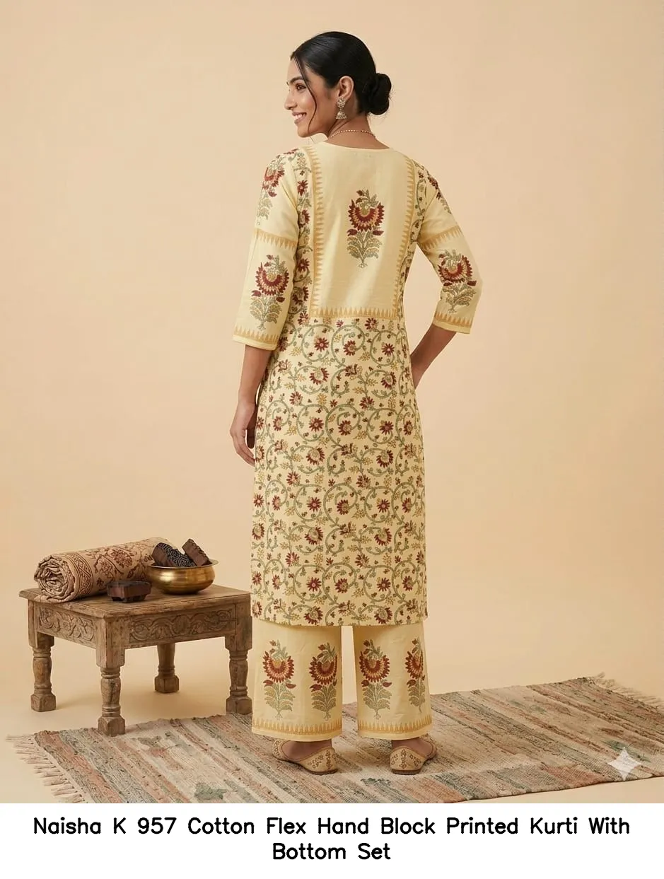 Naisha K 957 Cotton Flex Hand Block Printed Kurti With Bottom Set — Wholesale Cotton Kurti Pant Set, MPA wholesale from Surat — view 4