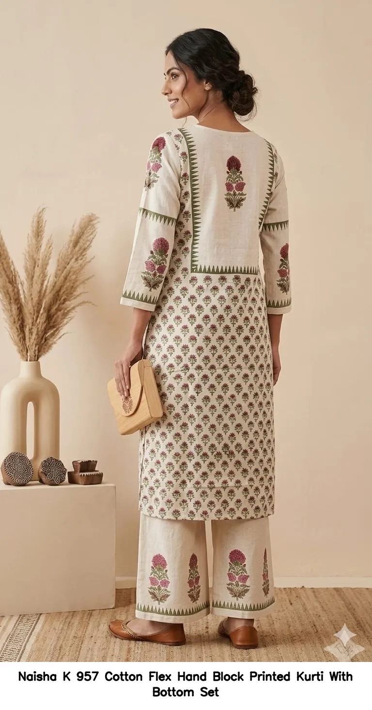 Naisha K 957 Cotton Flex Hand Block Printed Kurti With Bottom Set — Wholesale Cotton Kurti Pant Set, MPA wholesale from Surat — view 5