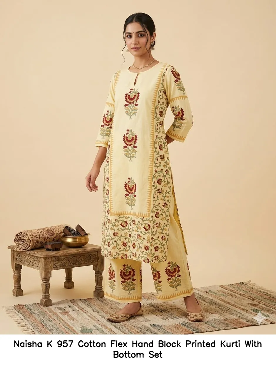 Naisha K 957 Cotton Flex Hand Block Printed Kurti With Bottom Set — Wholesale Cotton Kurti Pant Set, MPA wholesale from Surat — view 6