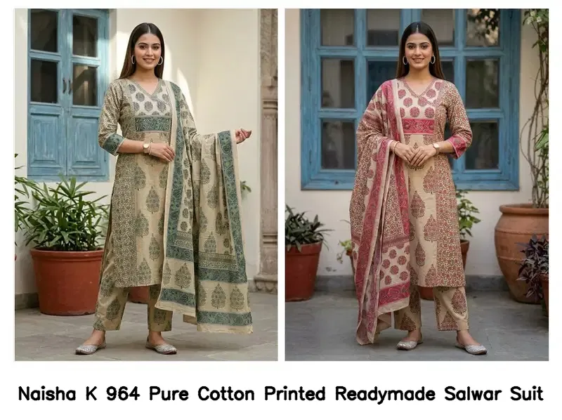 Naisha K 964 Pure Cotton Printed Readymade Salwar Suit — Wholesale Kurti With Bottom Dupatta, Naisha wholesale from Surat — view 2