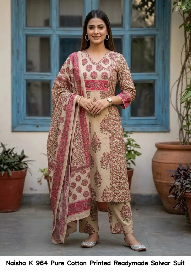 Naisha K 964 Pure Cotton Printed Readymade Salwar Suit — Wholesale Kurti With Bottom Dupatta, Naisha wholesale from Surat — view 3