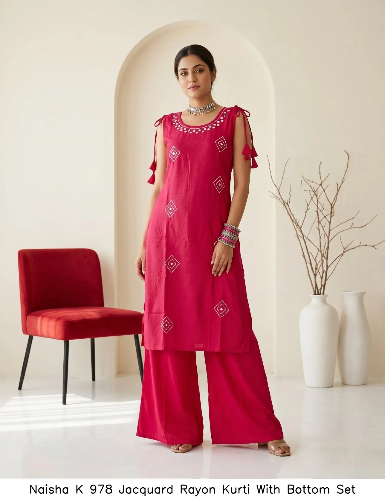 Naisha K 978 Jacquard Rayon Kurti With Bottom Set — Wholesale Kurti With Bottom Dupatta, Naisha wholesale from Surat — Photo 2
