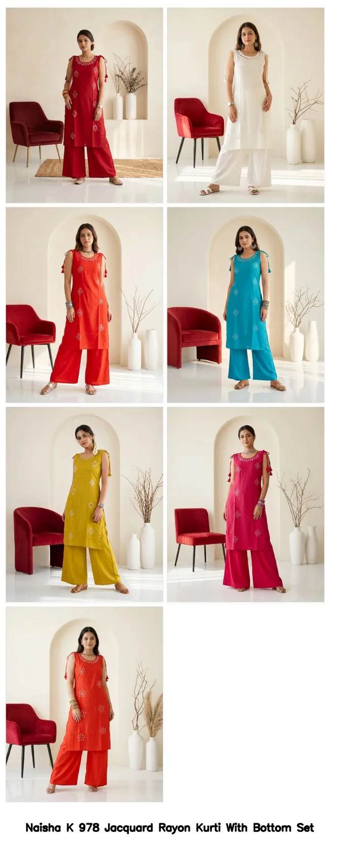 Naisha K 978 Jacquard Rayon Kurti With Bottom Set — Wholesale Kurti With Bottom Dupatta, Naisha wholesale from Surat — Photo 4