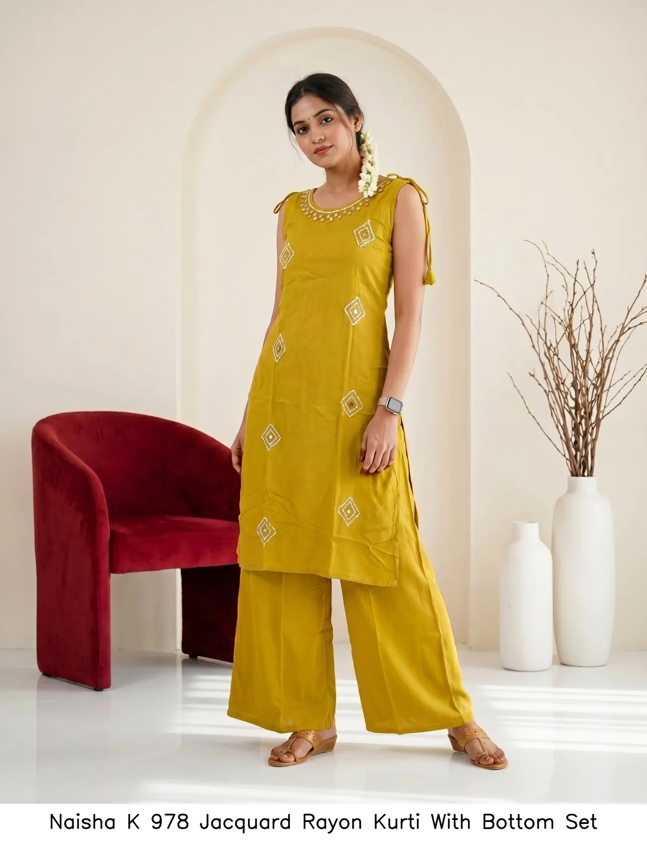Naisha K 978 Jacquard Rayon Kurti With Bottom Set — Wholesale Kurti With Bottom Dupatta, Naisha wholesale from Surat — Photo 5