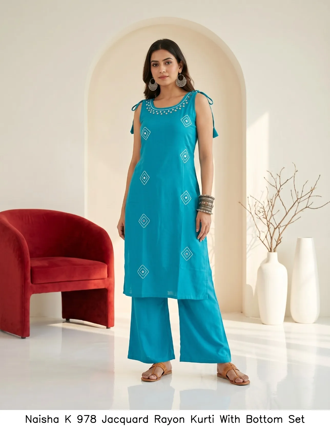 Naisha K 978 Jacquard Rayon Kurti With Bottom Set — Wholesale Kurti With Bottom Dupatta, Naisha wholesale from Surat — Photo 7