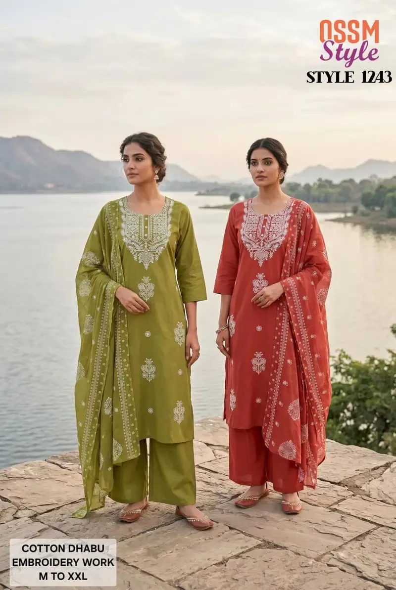 Ossm Style 1243 Dhabu Cotton Hand Worked Readymade Suit