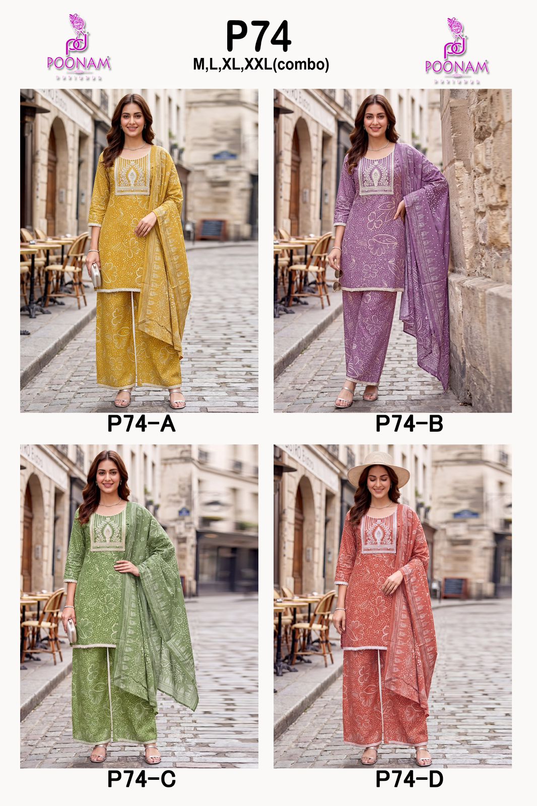 Poonam P 74 Cotton Embroidered  Kurti Pant Dupatta Set — Wholesale Readymade Suit, Poonam Designer wholesale from Surat — view 2