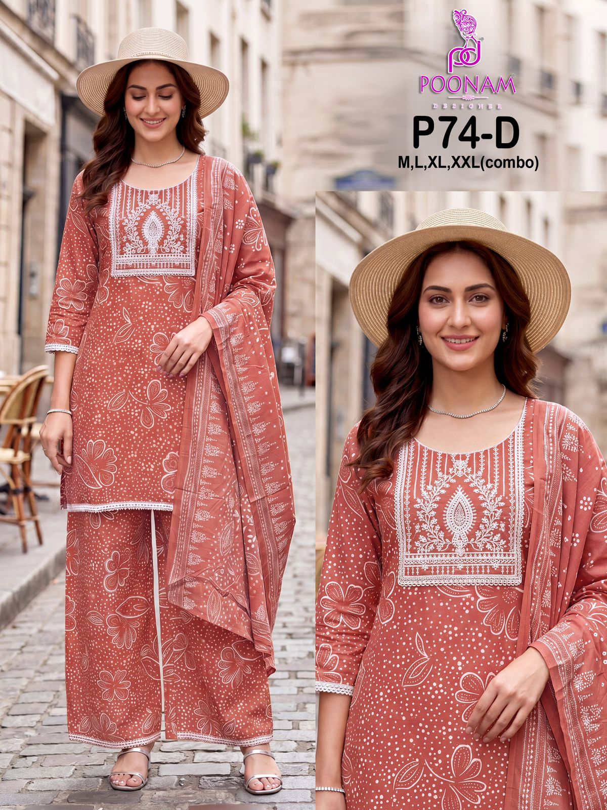 Poonam P 74 Cotton Embroidered  Kurti Pant Dupatta Set — Wholesale Readymade Suit, Poonam Designer wholesale from Surat — view 3