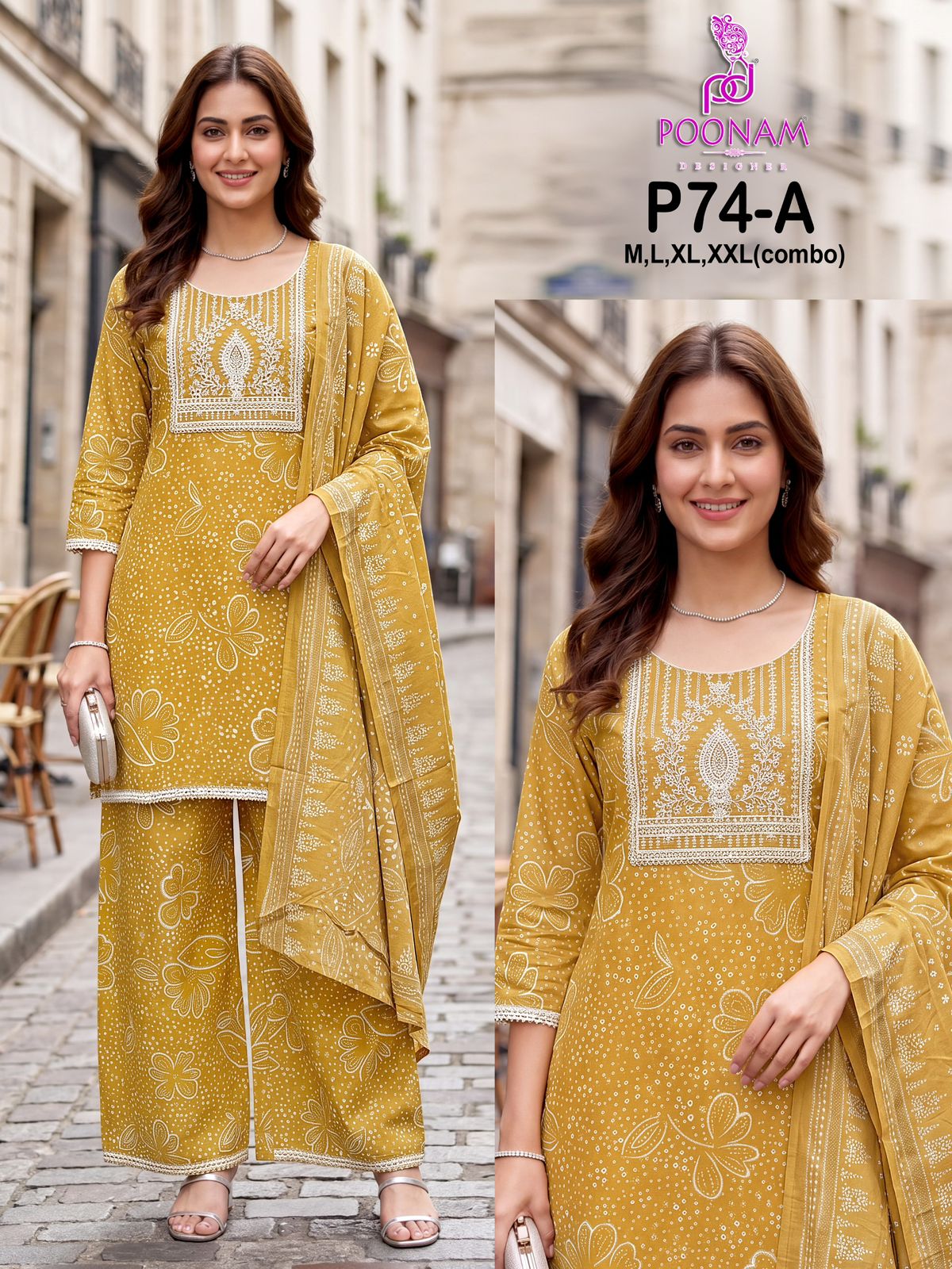 Poonam P 74 Cotton Embroidered  Kurti Pant Dupatta Set — Wholesale Readymade Suit, Poonam Designer wholesale from Surat — view 5