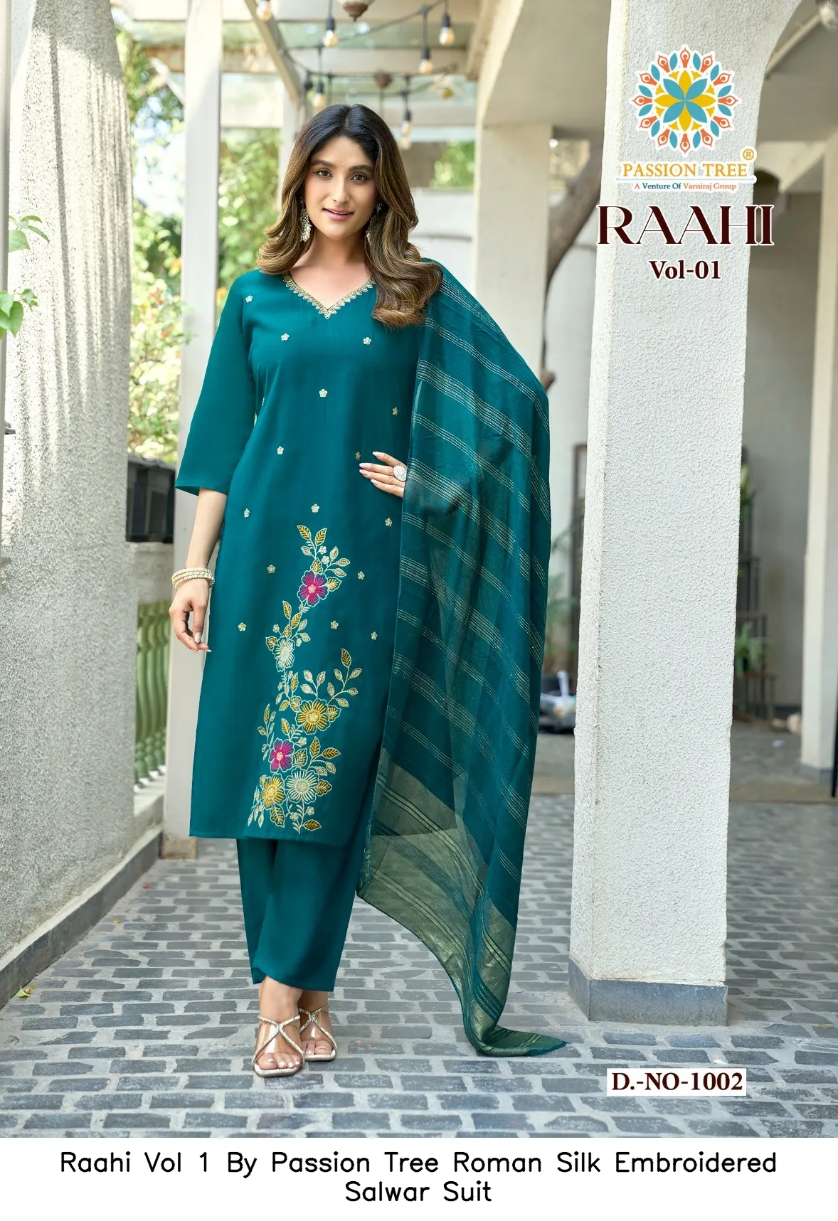 Raahi Vol 1 By Passion Tree Roman Silk Embroidered Salwar Suit — Wholesale Kurti With Bottom Dupatta, Raahi wholesale from Surat - Gallery Image 2