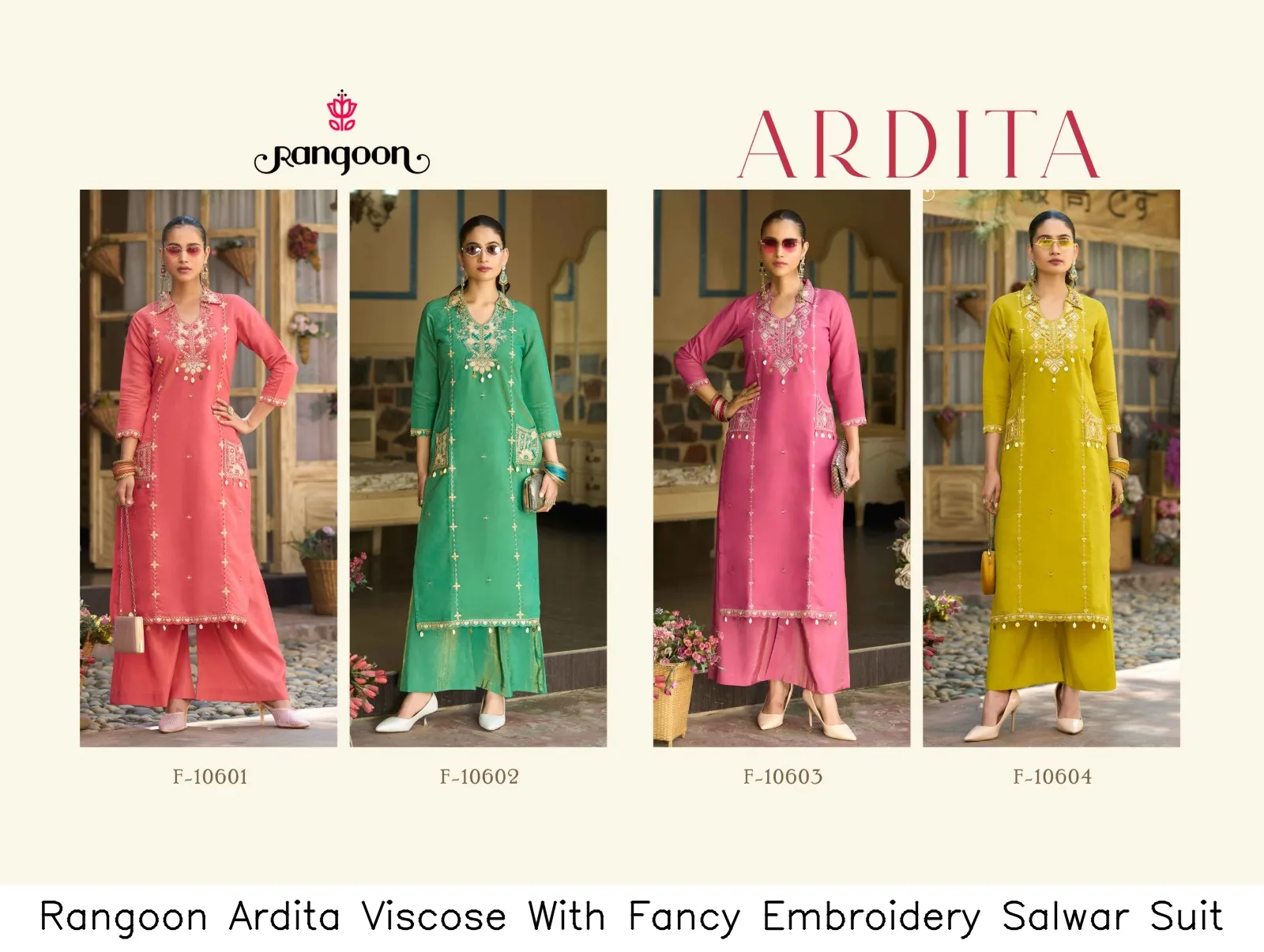 Rangoon Ardita Viscose With Fancy Embroidery  Salwar Suit — Wholesale Cotton Kurti Pant Set, Rangoon wholesale from Surat — view 2