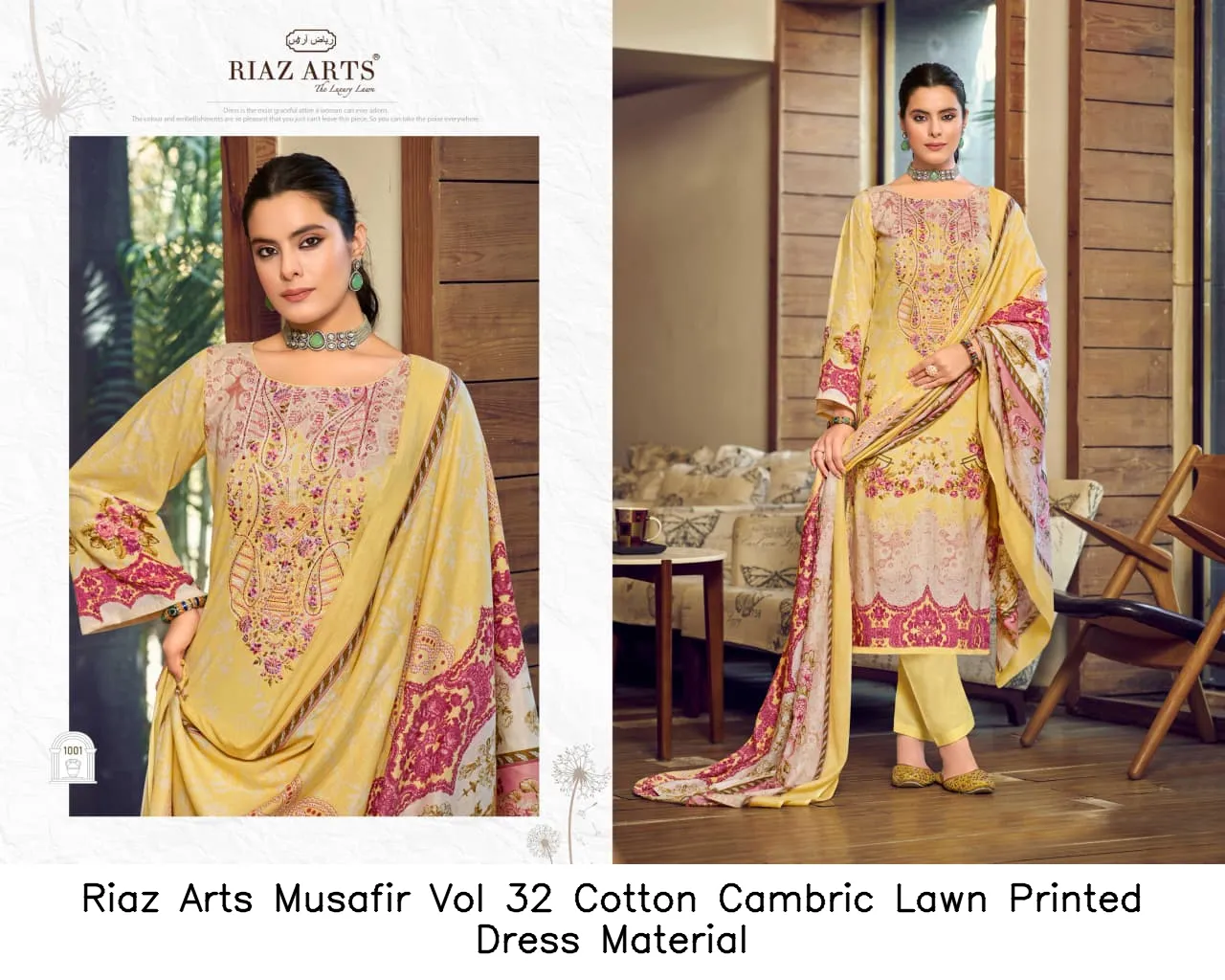 Riaz Arts Musafir Vol 32 Cotton Cambric Lawn Printed Dress Material — Wholesale Dress Material, Riaz Arts wholesale from Surat - Gallery Image 2