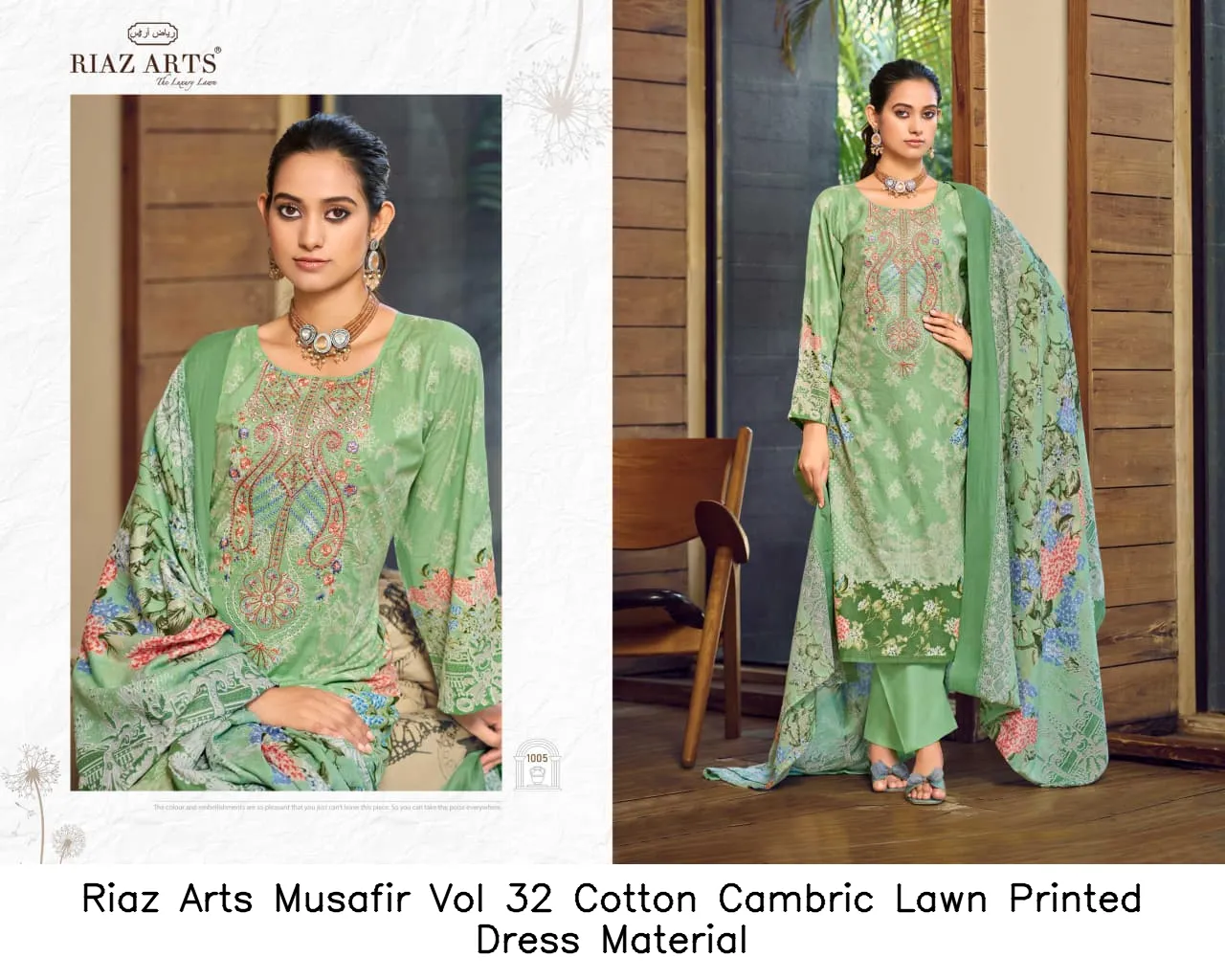 Riaz Arts Musafir Vol 32 Cotton Cambric Lawn Printed Dress Material — Wholesale Dress Material, Riaz Arts wholesale from Surat - Gallery Image 3