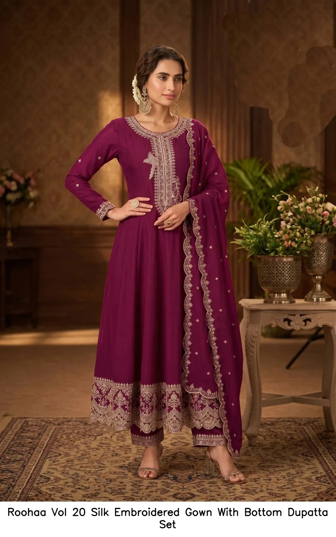 Roohaa Vol 20 Silk Embroidered Gown With Bottom Dupatta Set — Wholesale Salwar Suits, Roohaa wholesale from Surat — view 3